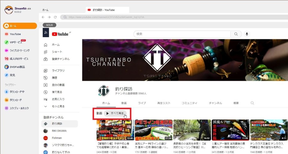 StreamFabでYouTubeチャンネルを開くプレイリスト処理画面