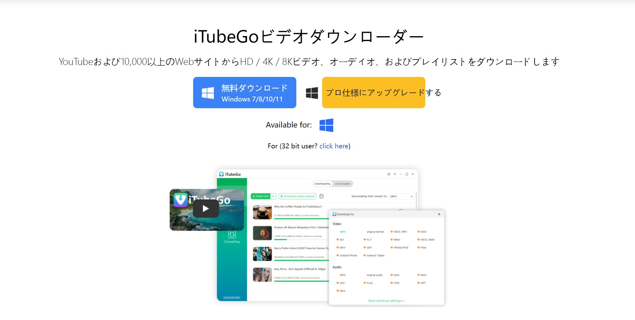 iTubeGoの動画保存機能と対応内容を示す製品画面