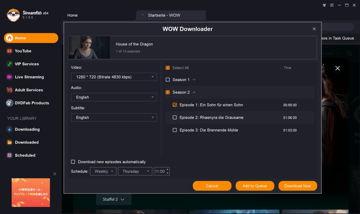 Schritt-für-Schritt-Anleitung: Wie man WOW TV Videos mit StreamFab aufnimmt