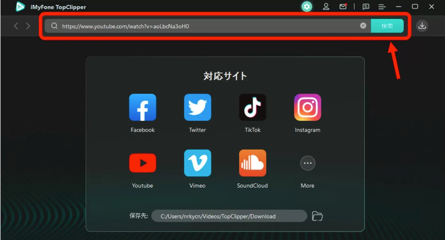 iMyFone TopClipperへ動画URLを入力して検索する画面