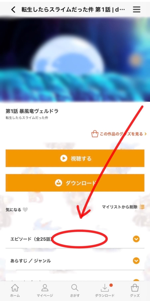 dアニメストア公式アプリのエピソード一覧画面を表示