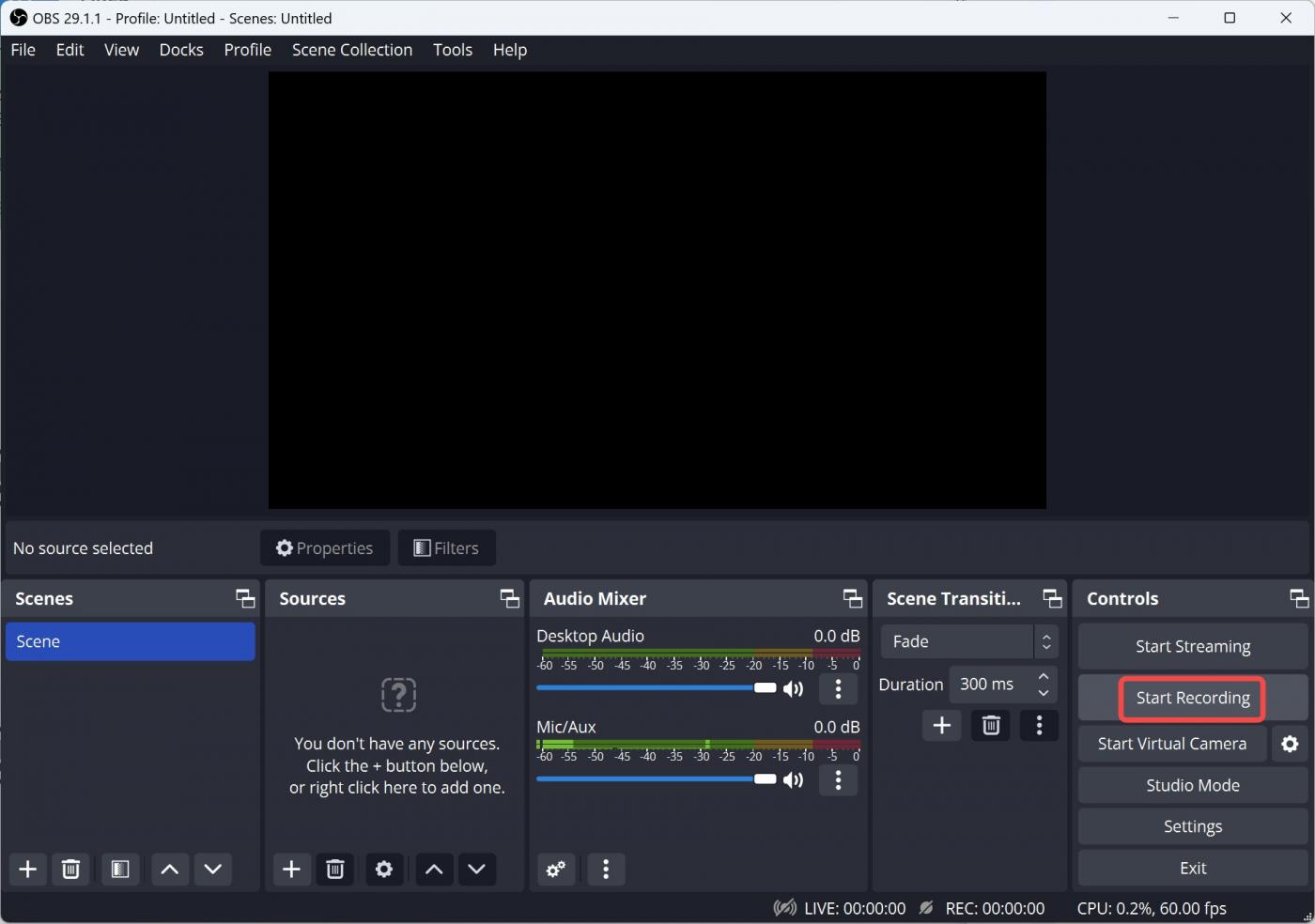 OBS Studioで録画開始を操作する画面