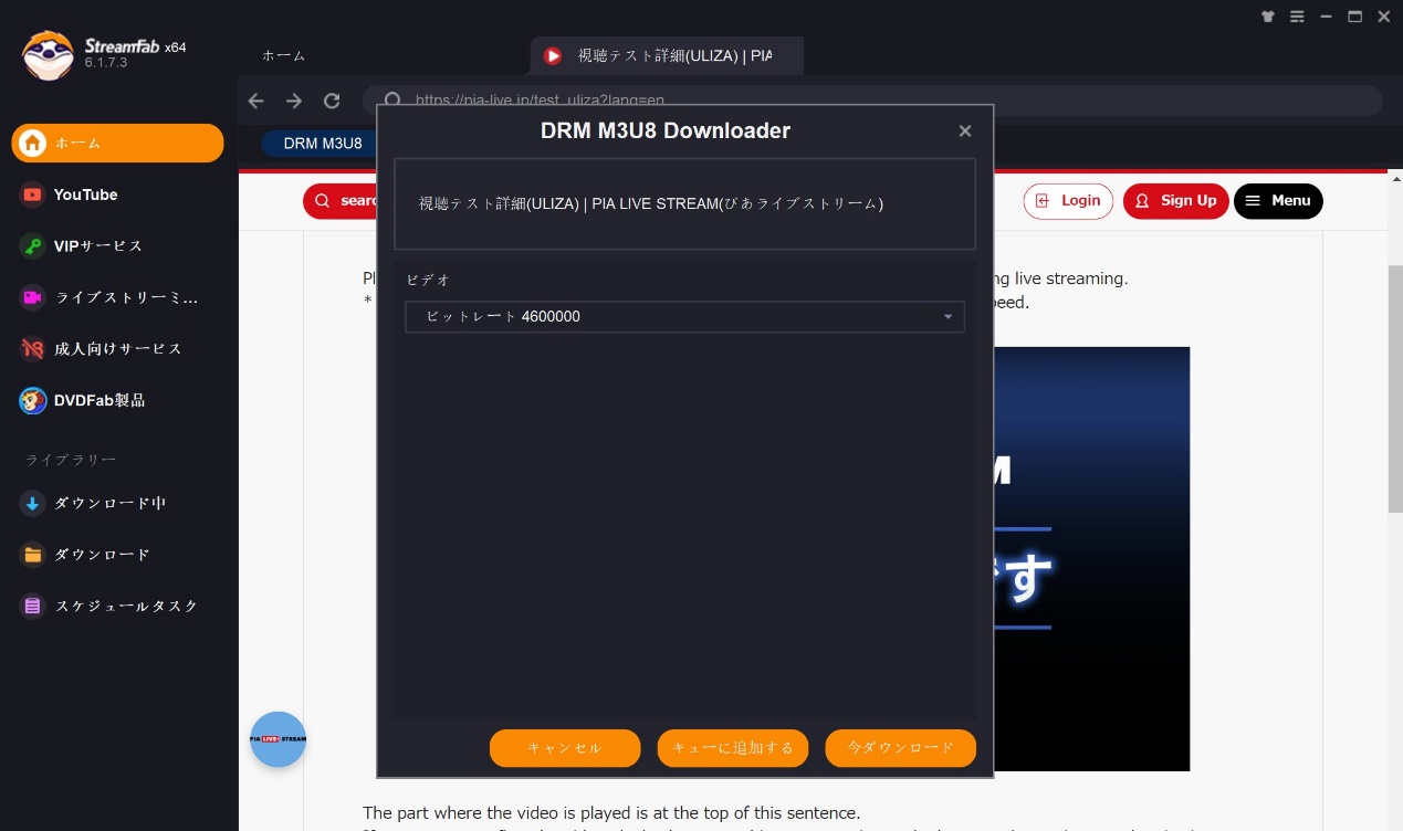 StreamFabで出力形式を選んで保存を開始する画面