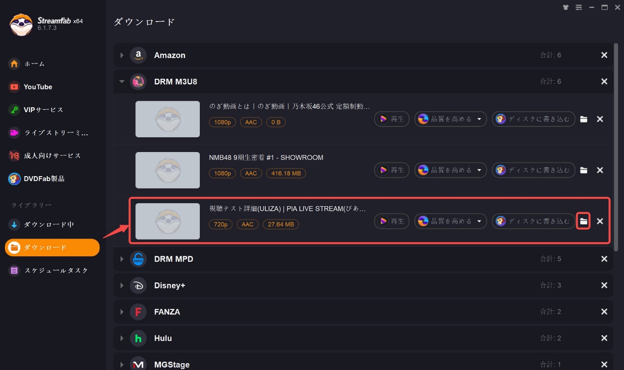 StreamFabでローカル保存済み動画を確認する画面
