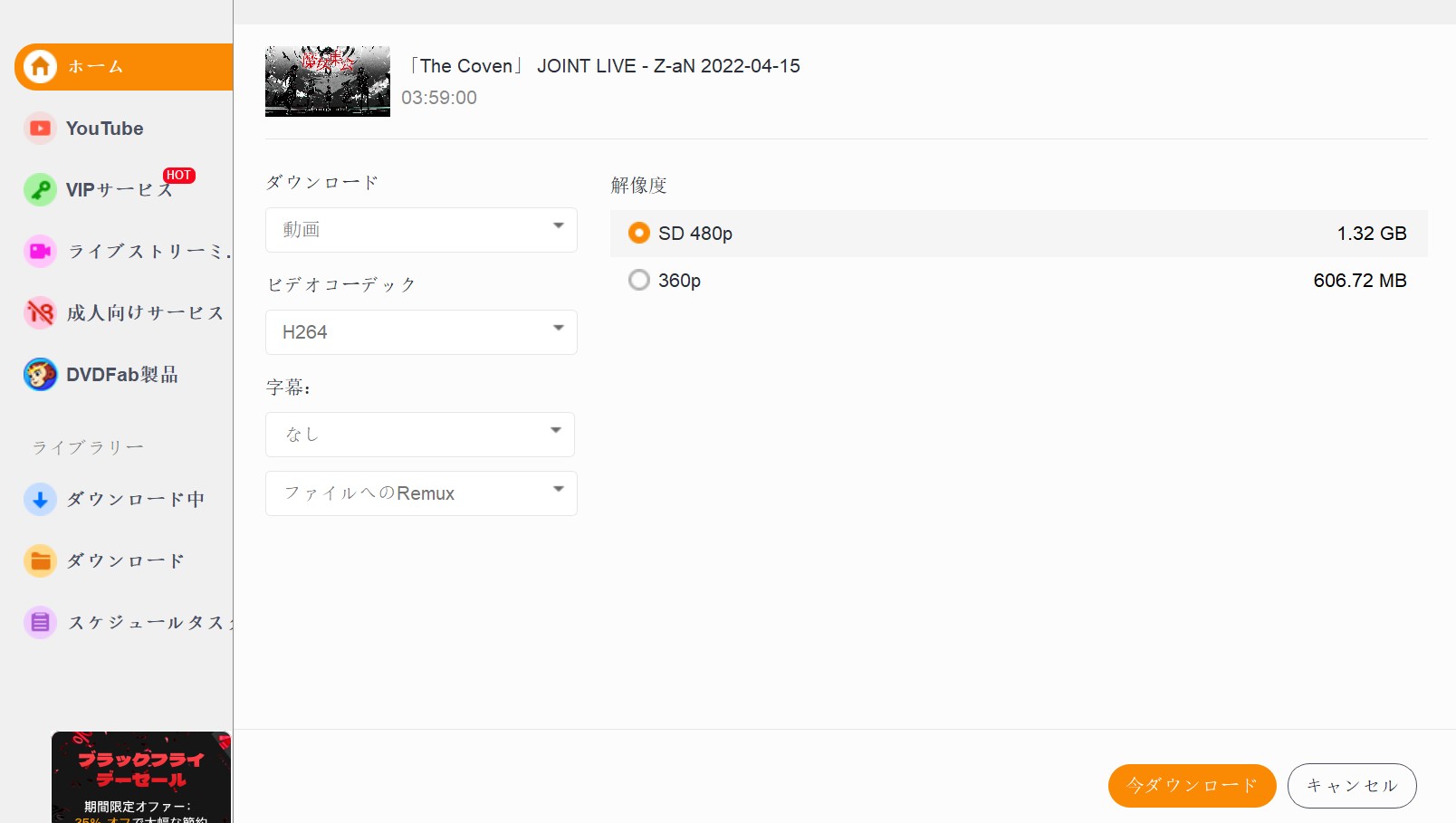 StreamFabの出力設定画面