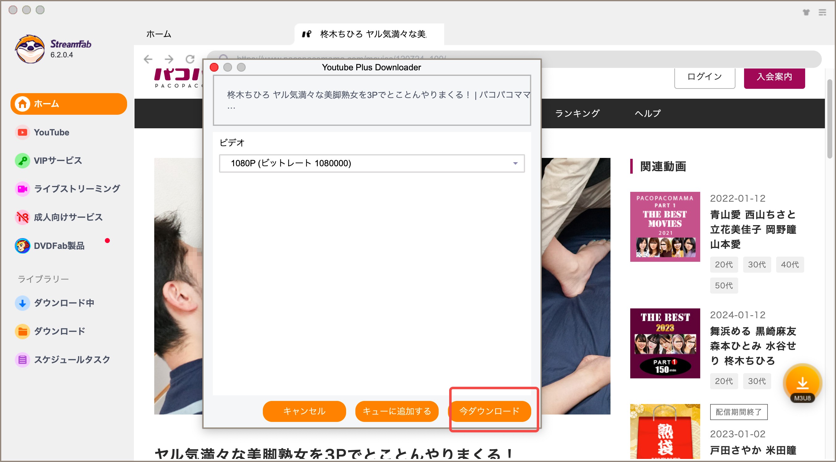 StreamFabで対象動画のコンテンツ情報を取得した画面