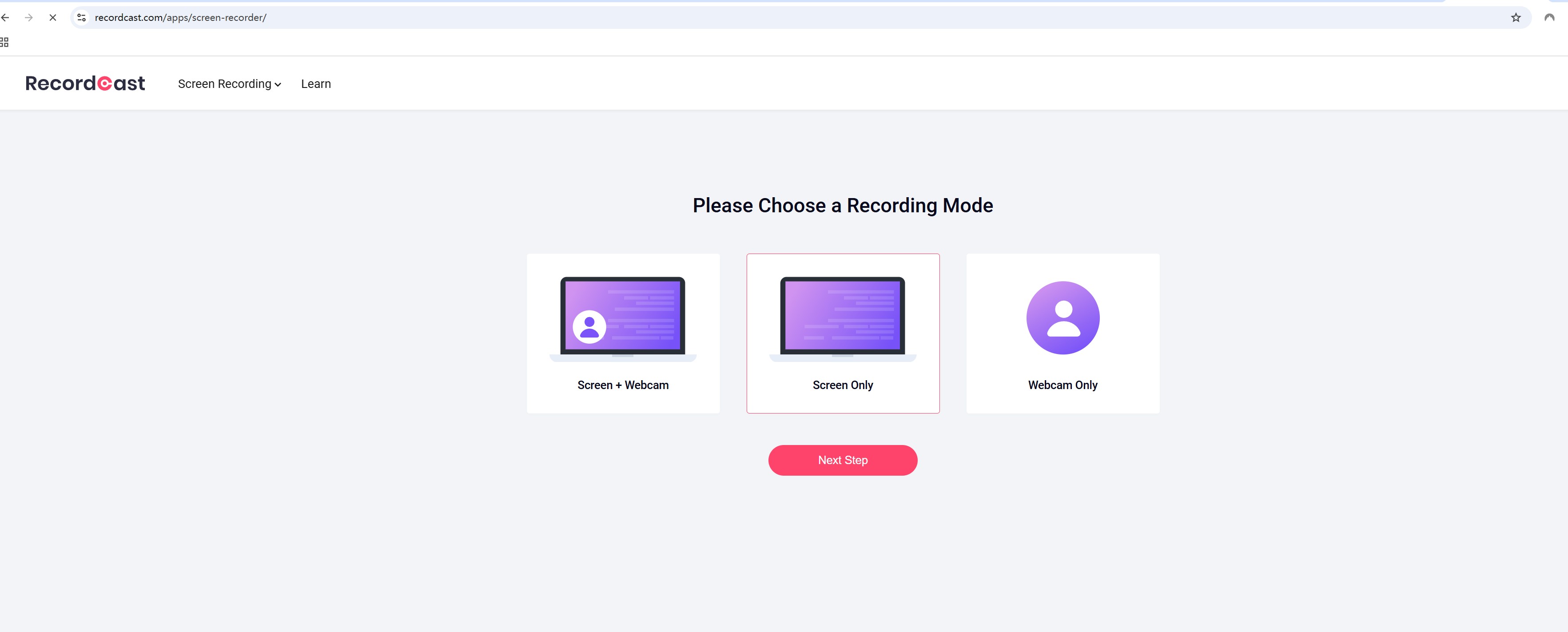 RecordCastのブラウザ画面で録画範囲を選択する例