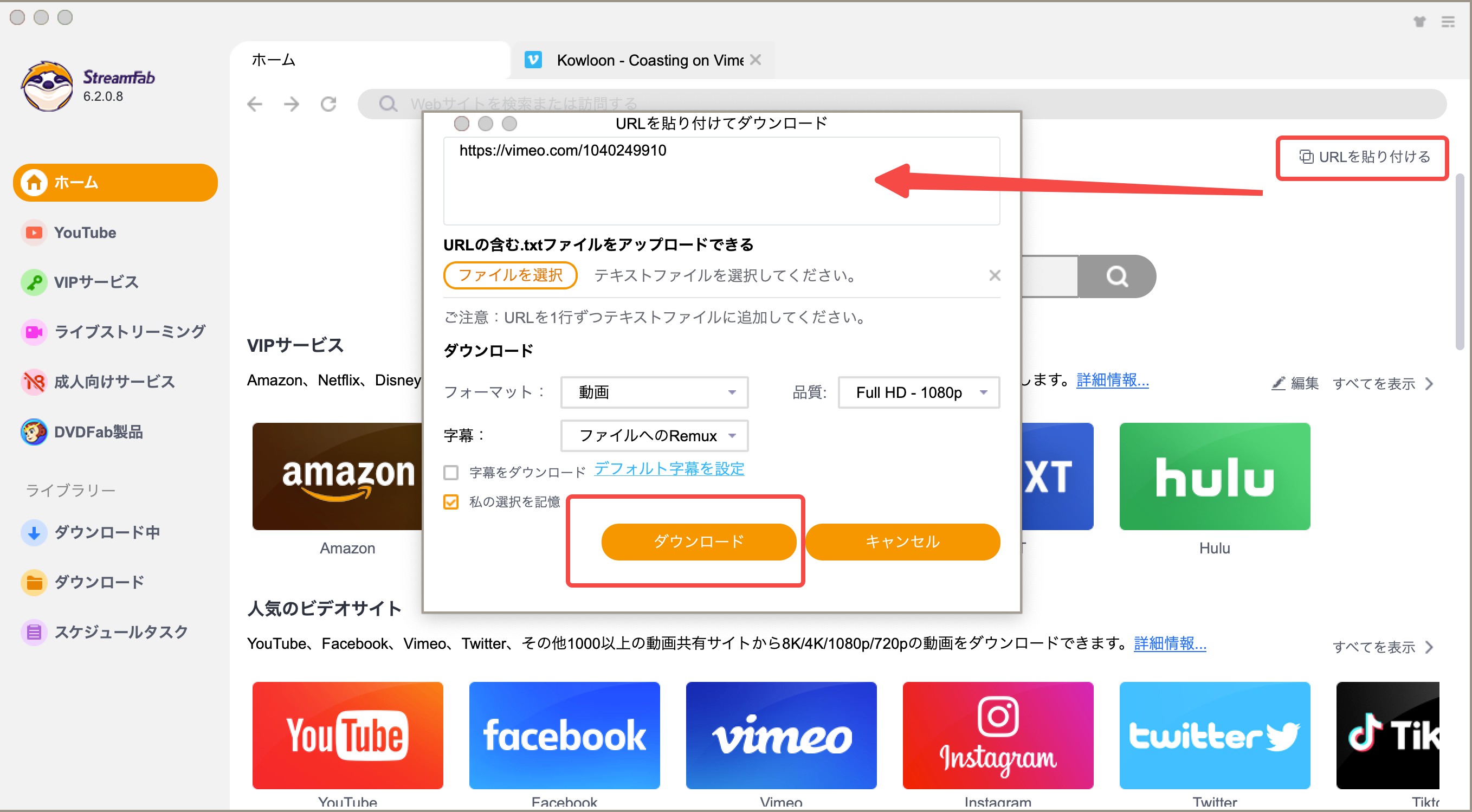 StreamFabにVimeo動画URLを入力して保存条件を読み込む画面