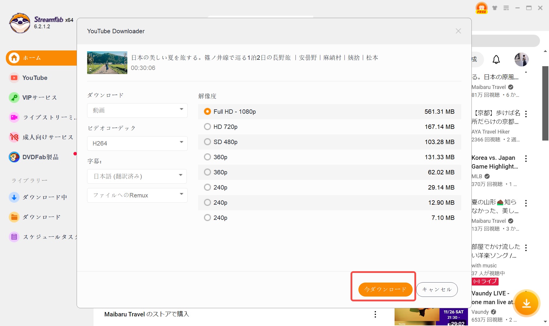 StreamFab YouTube ダウンローダーの保存形式選択画面