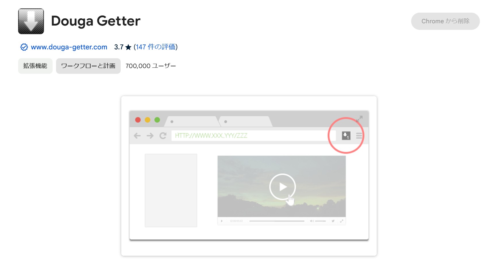 動画ゲッターのChrome画面で保存候補を探す操作
