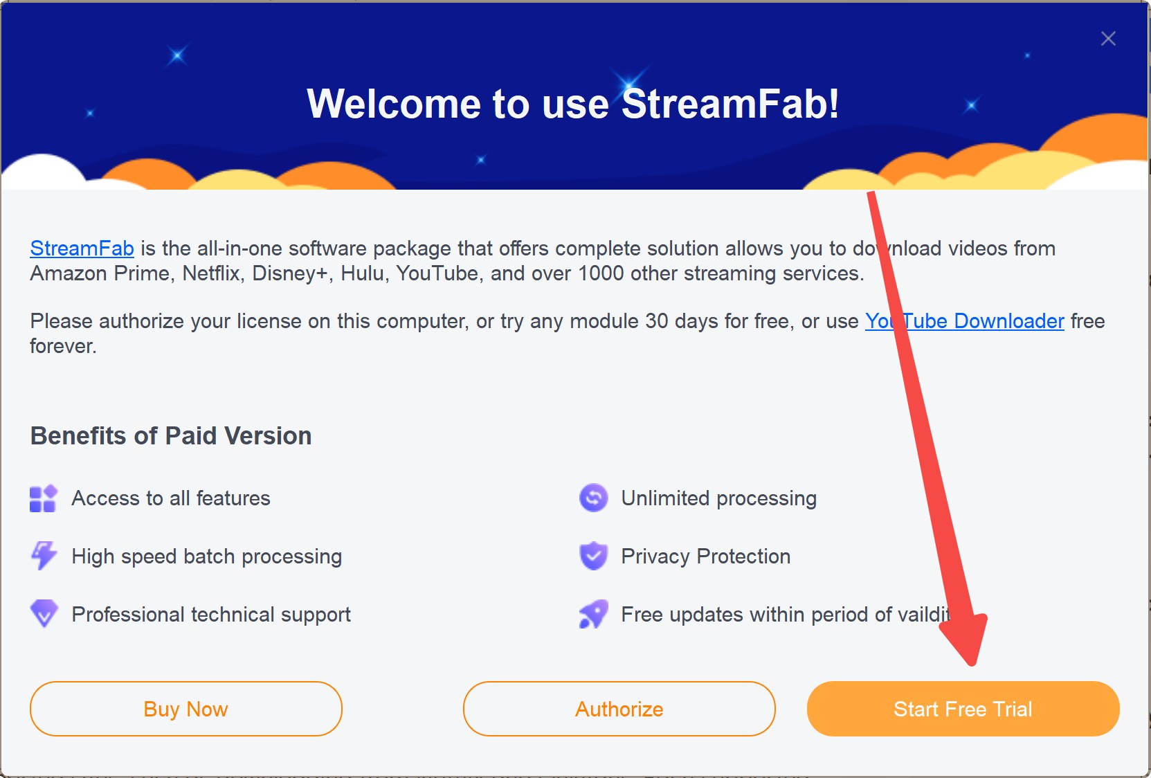StreamFab: ventana para iniciar la prueba gratuita