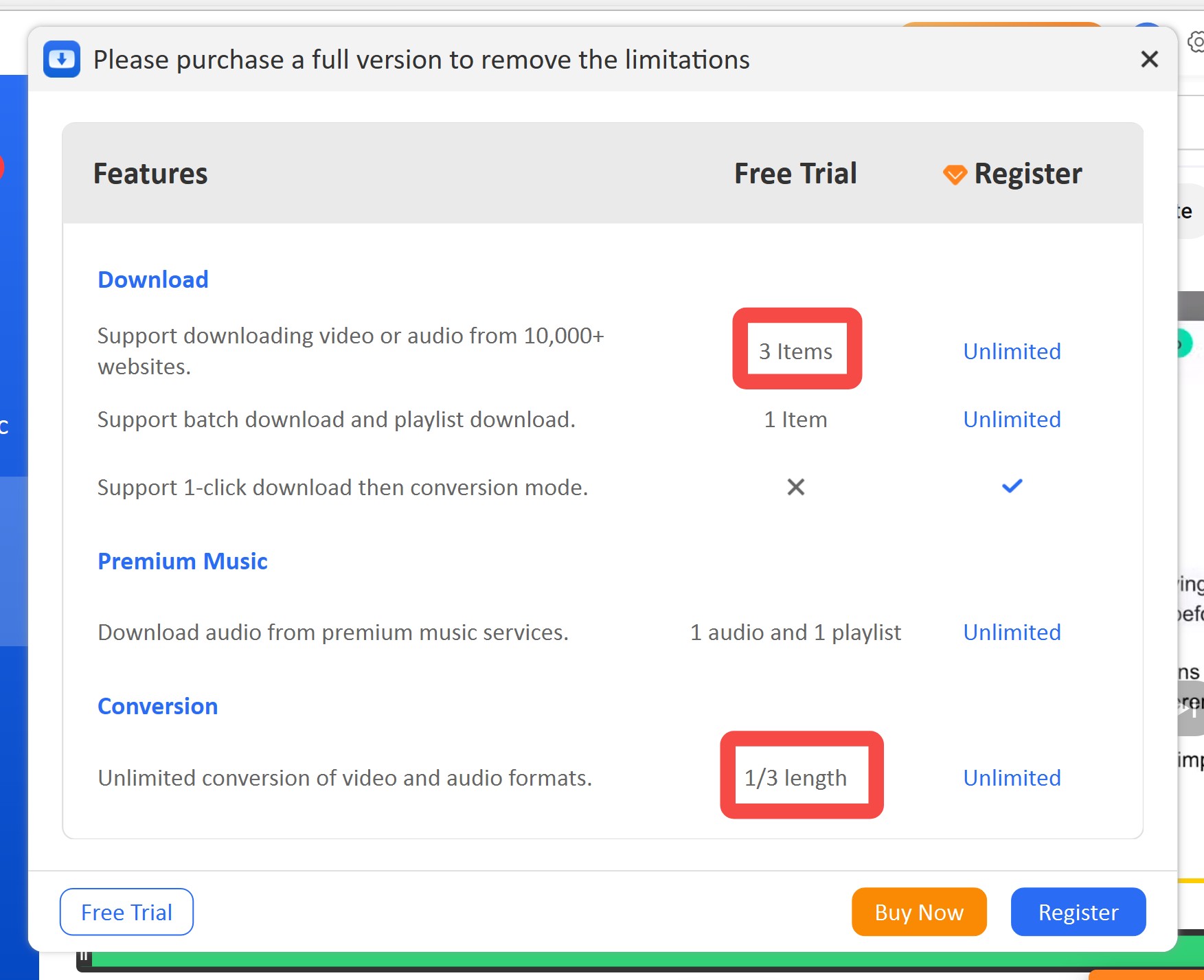 YT Saver free-tier item cap on OnlyFans downloads shown in the trial settings panel