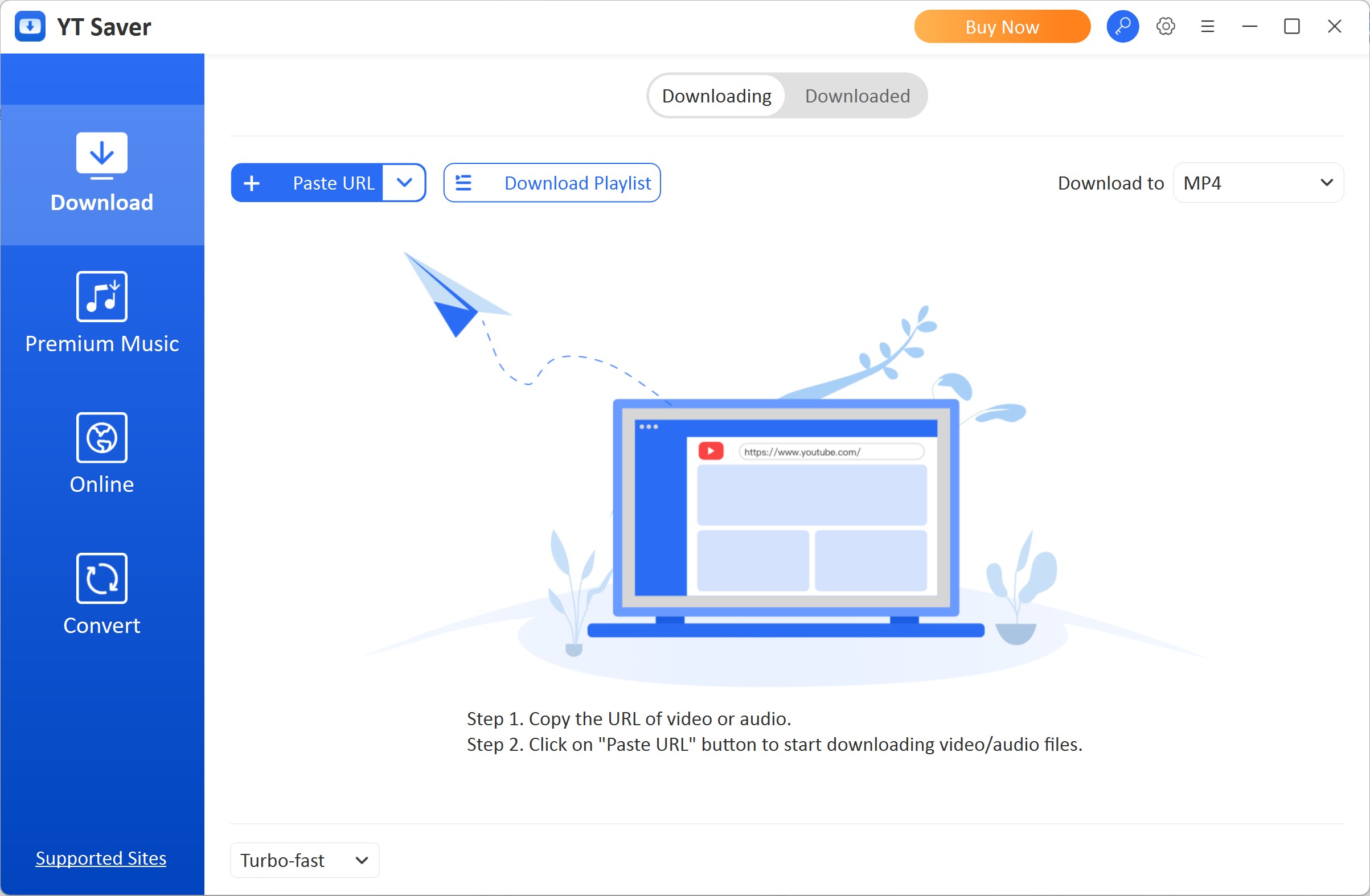 YT Saver OnlyFans Downloader dashboard on first launch with an empty download queue