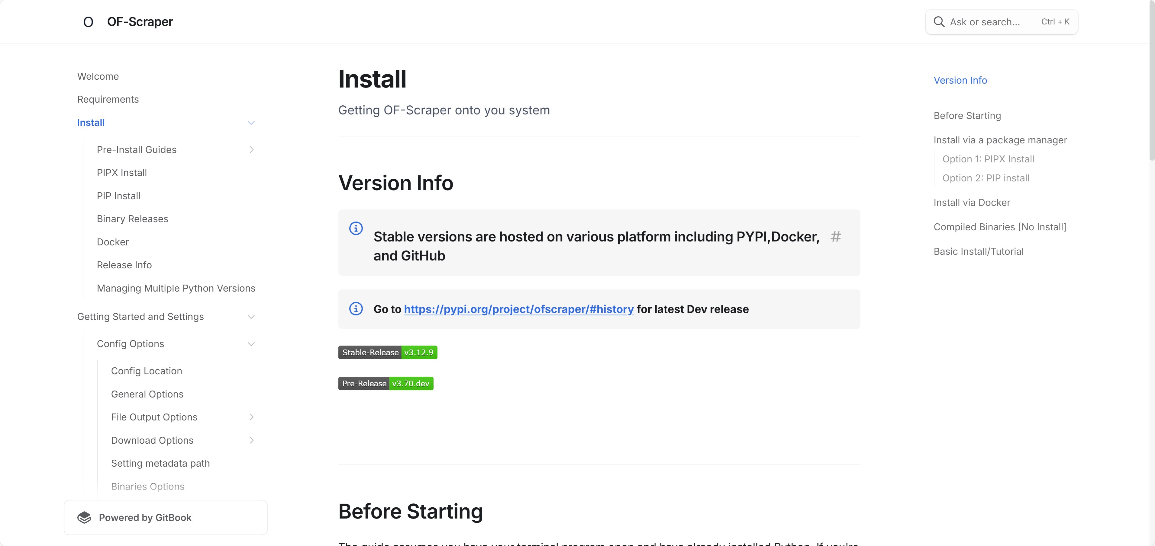 OF-Scraper GitBook install page showing terminal commands for the OnlyFans downloader CLI setup