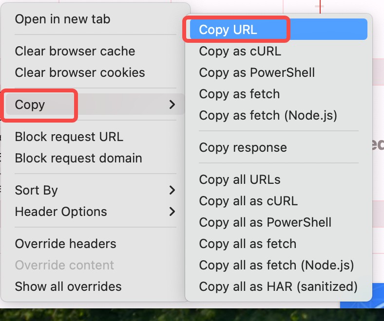 Chrome開発者ツールでMP4直リンクをコピーする画面