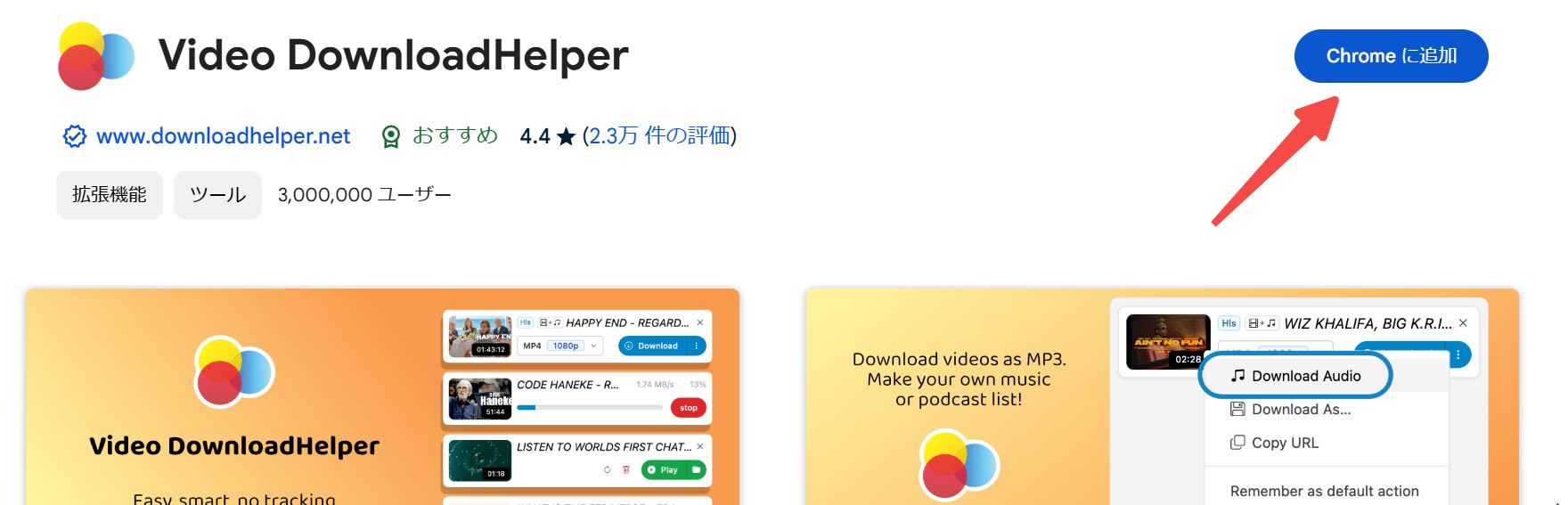 Video DownloadHelperをChromeへ追加する操作画面