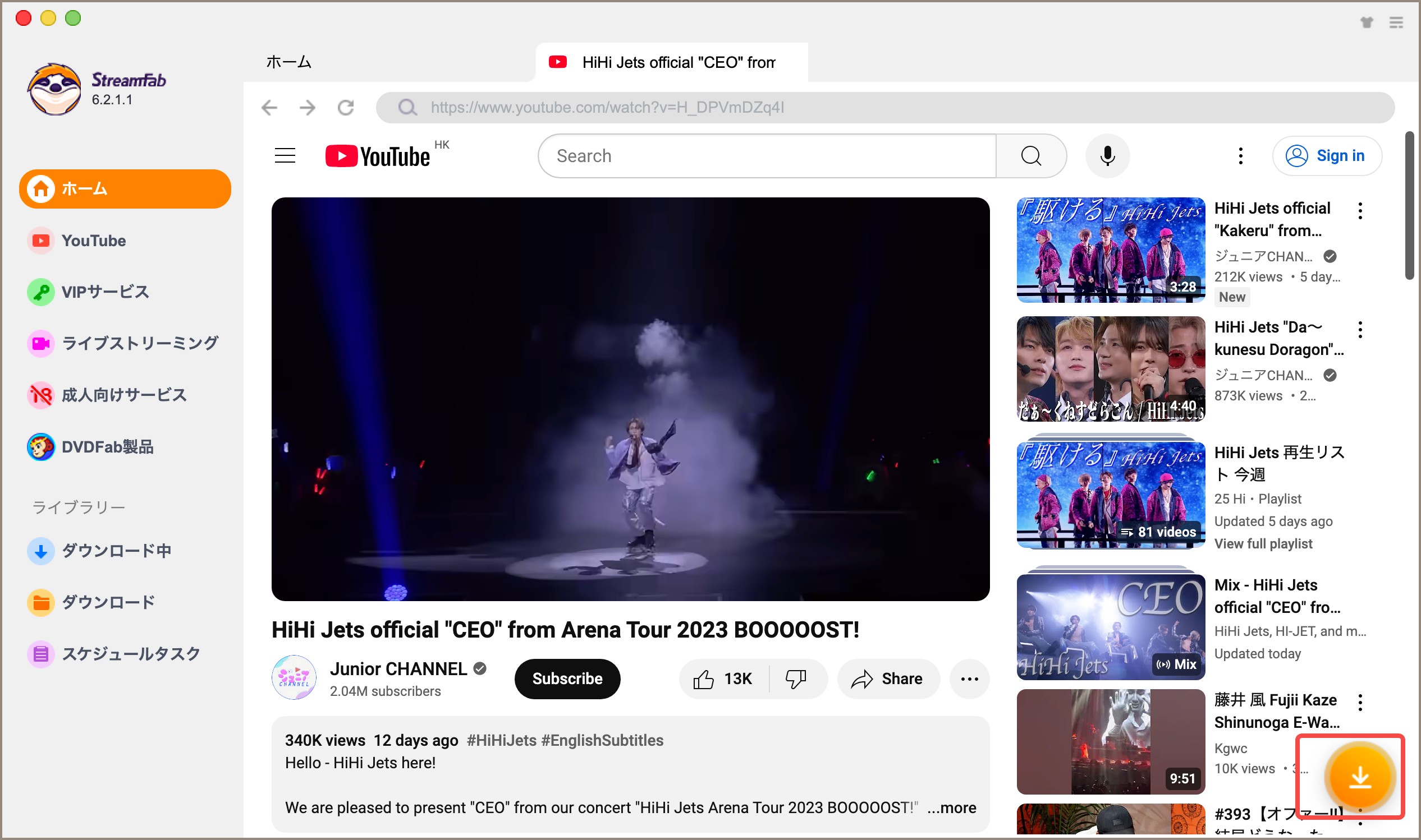 StreamFabの内蔵画面でYouTube動画の保存設定を表示する画面