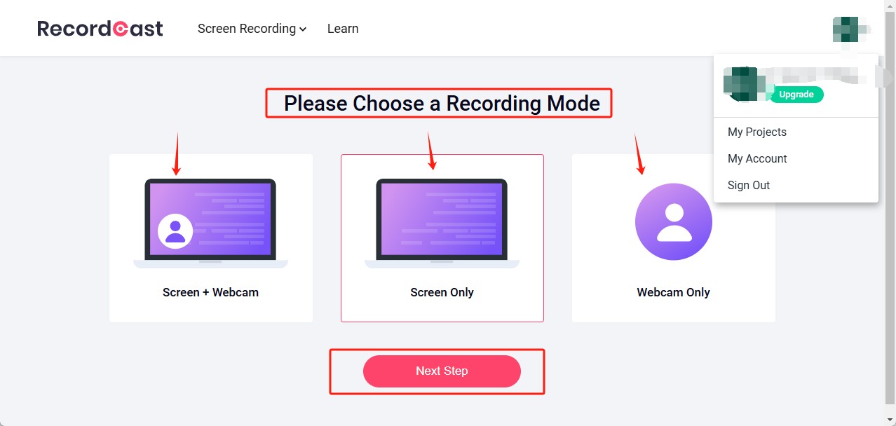 RecordCastで画面録画モードを設定する操作画面