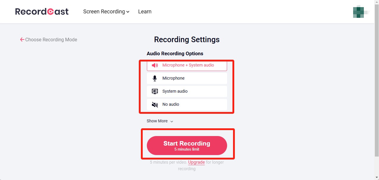 RecordCastでシステム音声の記録を選ぶ操作画面
