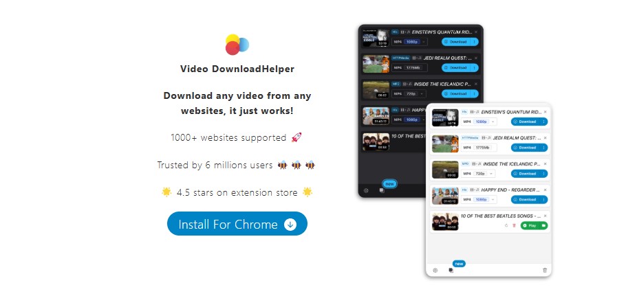 Video DownloadHelperのブラウザ拡張と検出メニューを確認する画面