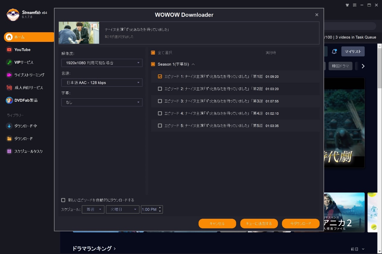StreamFab WOWOW Downloaderの画質と字幕設定画面