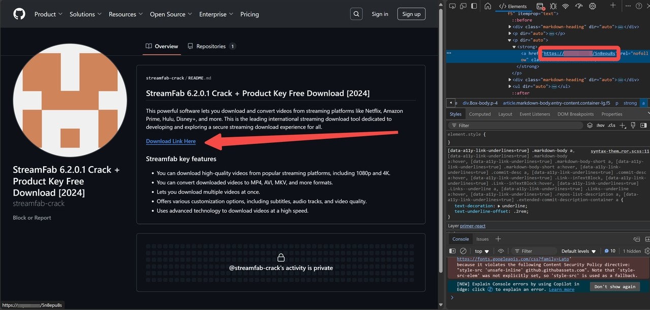 StreamFab suspicious download page with an untrusted link