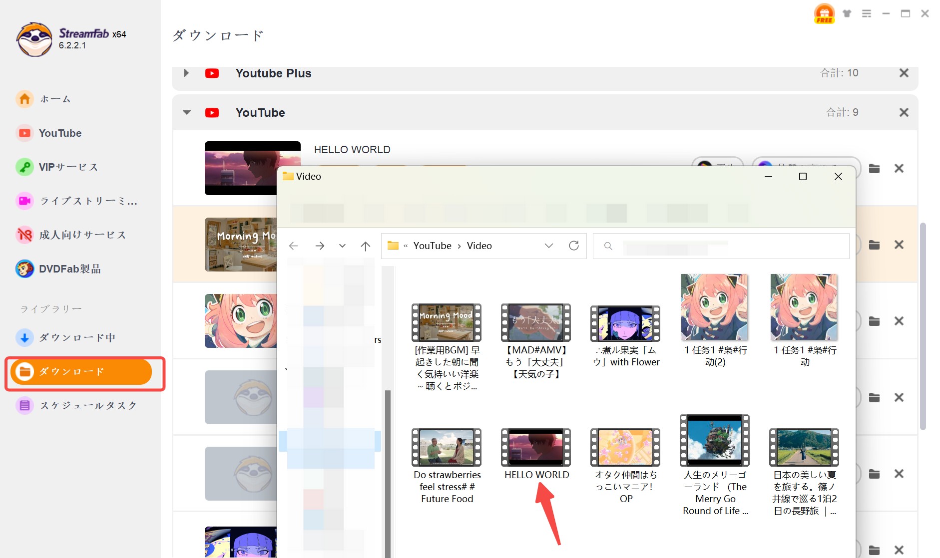 保存先のフォルダでダウンロードしたMP4映画を再生