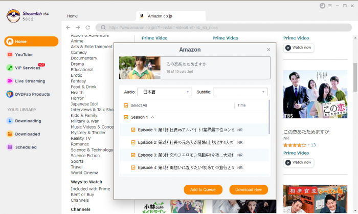 StreamFab Amazon Downloader 選擇畫質、音訊與字幕的彈窗畫面