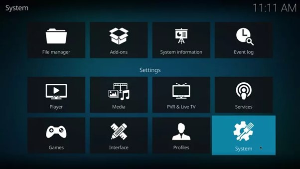 Menu Système de Kodi pour accéder aux réglages des extensions