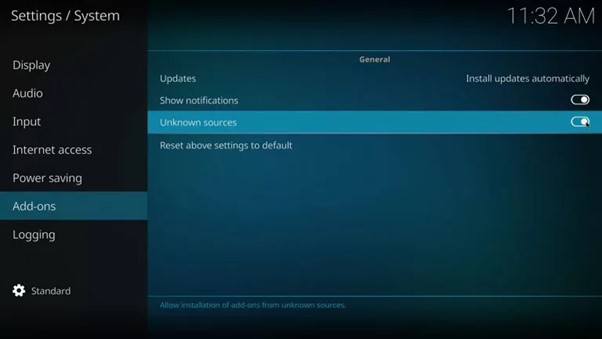 Onglet Extensions de Kodi avec le réglage des sources inconnues