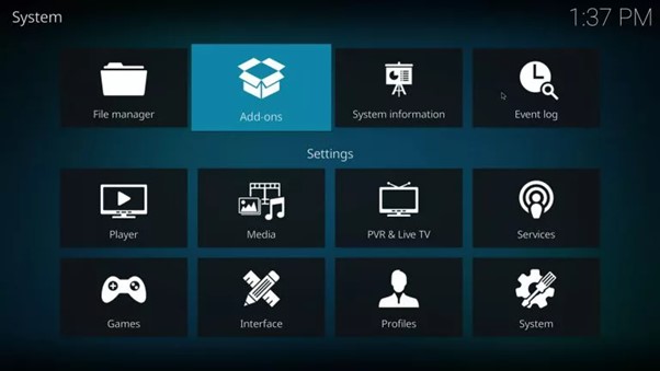 Menu Extensions de Kodi avant l’installation du dépôt CastagnaIT