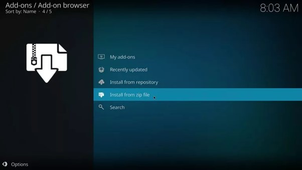 Kodi sélectionne l’option Installer depuis un fichier ZIP