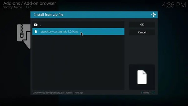 Fichier ZIP du dépôt CastagnaIT choisi dans Kodi