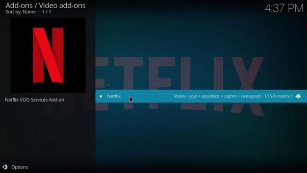 Extension Netflix sélectionnée dans le dépôt Kodi