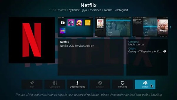 Bouton Installer de l’extension Netflix dans Kodi