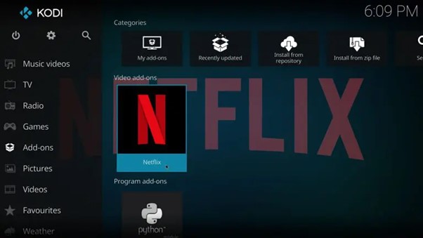 Icône Netflix visible dans le menu des extensions Kodi