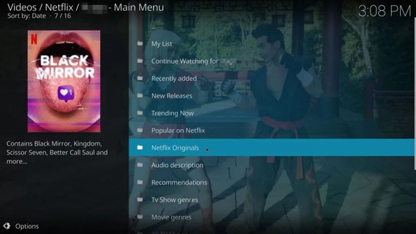 Navigation dans les catégories Netflix depuis Kodi