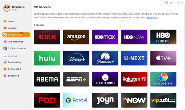 StreamFab affiche les services vidéo disponibles sur ordinateur