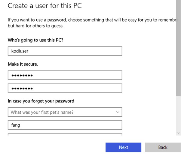 Windows ouvre l’assistant de création d’un compte dédié au partage SMB