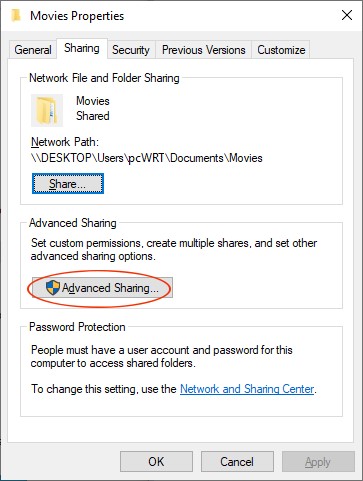 Paramètres de partage avancé d’un dossier vidéo sous Windows
