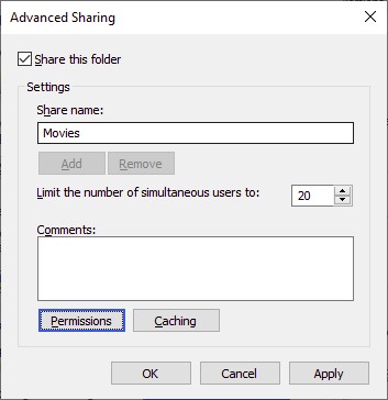 Autorisations Windows appliquées au dossier partagé avec Kodi