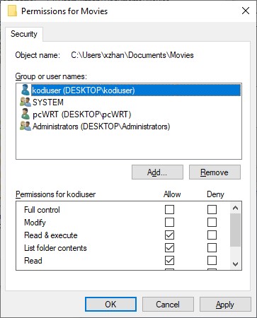 Validation des permissions du dossier SMB destiné à Kodi