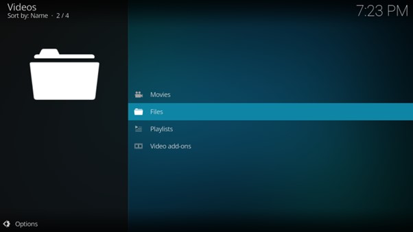 Kodi ouvre la rubrique Fichiers pour ajouter une source vidéo locale