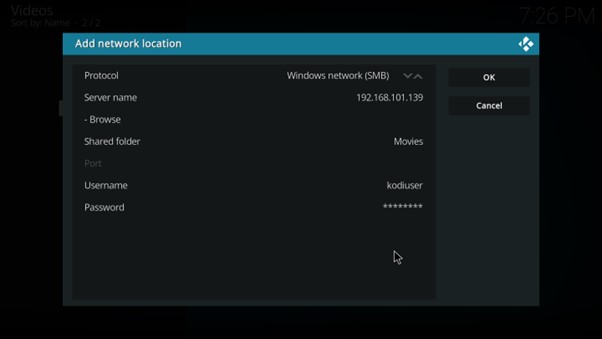 Configuration du nom du dossier partagé dans Kodi