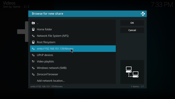 Kodi valide l’emplacement SMB de la vidéothèque locale