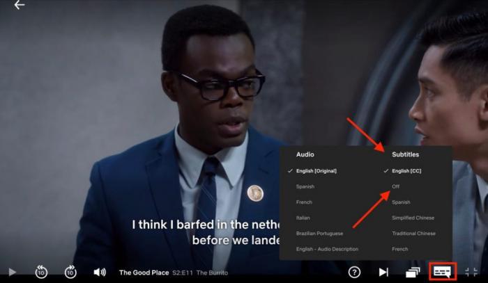 Netflixのウェブブラウザで字幕メニューからオフを選択する画面
