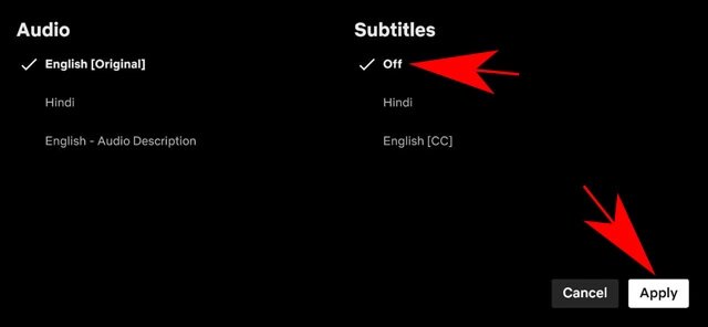 Netflixスマホアプリの音声と字幕メニューで字幕をオフにする画面