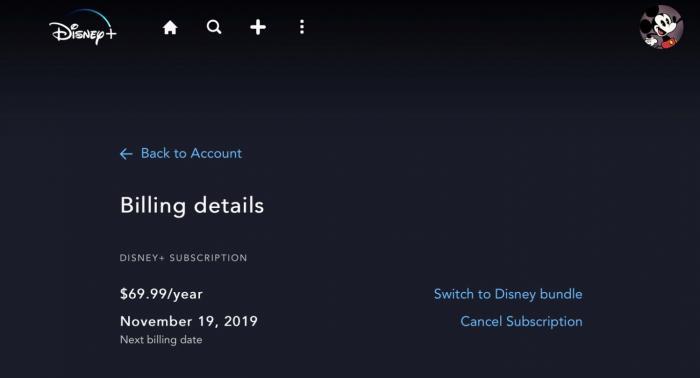 從 Disney+ 官網瀏覽器頁面取消訂閱的操作畫面