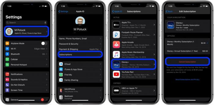 從 iPhone 或 iPad 設定的 Apple ID 訂閱項目取消 Disney+ 的示意畫面