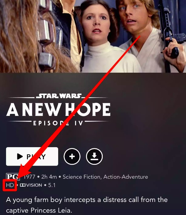 如何辨識 Disney+ 影片是否支援 4K：片頁詳細資料標籤示意